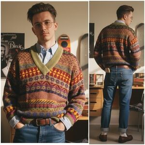 Collections L Vintage 90s Eclectic Grandpa Southwestern Aztec Knit Sweater